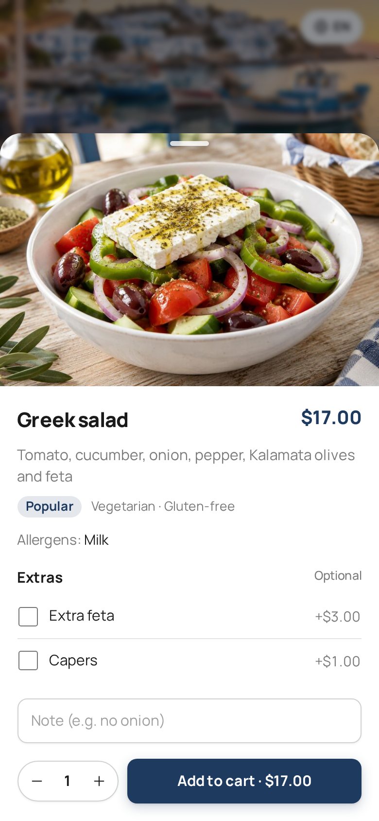 A dish with its photo and choices