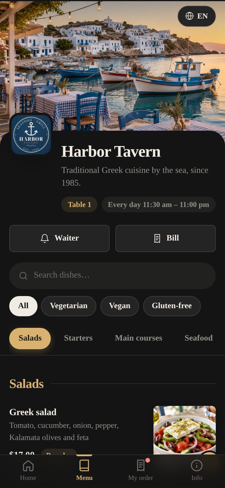 Menu with a dark lounge theme